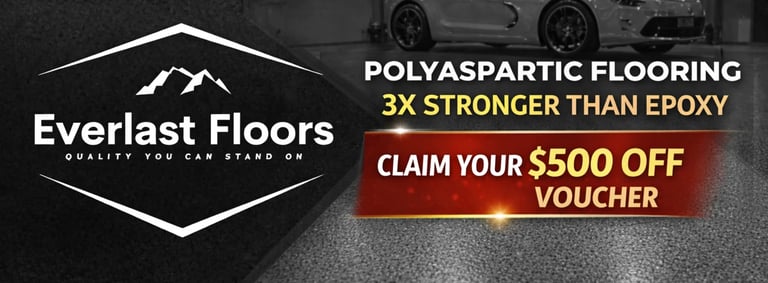 Everlast Floors polyaspartic flooring promotional banner advertising $500 off voucher with 3x stronger than epoxy claim